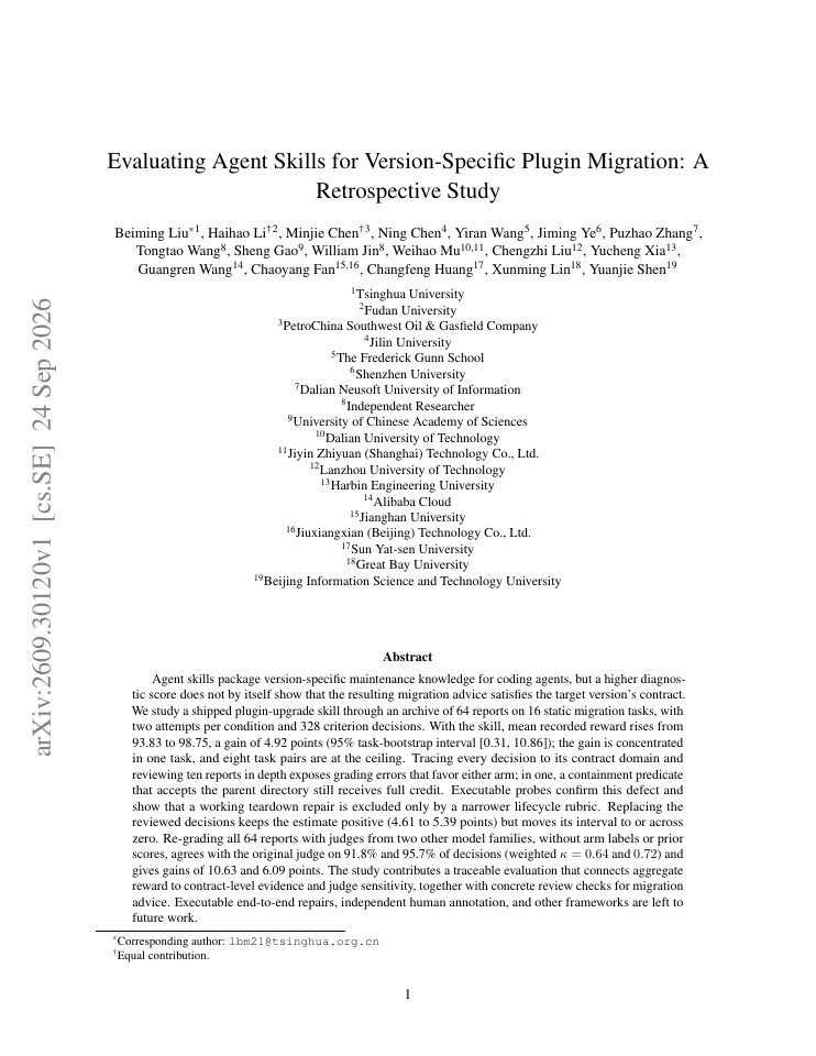 First page of Evaluating Agent Skills for Version-Specific Plugin Migration: A Retrospective Study