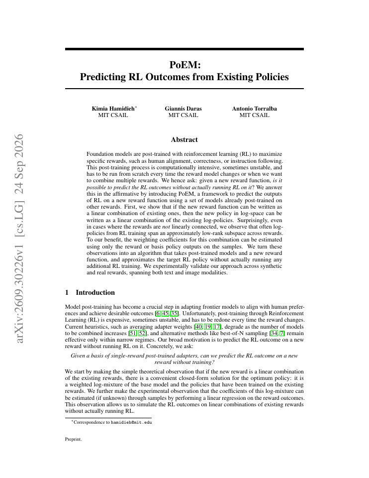 First page of PoEM: Predicting RL Outcomes from Existing Policies