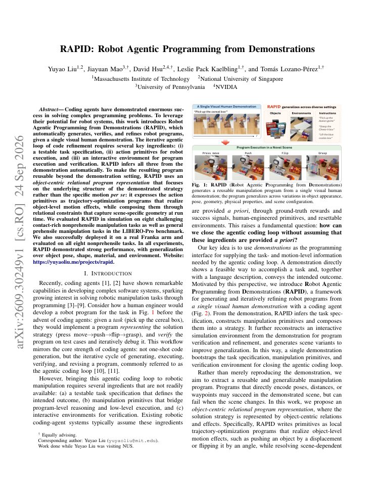 First page of RAPID: Robot Agentic Programming from Demonstrations