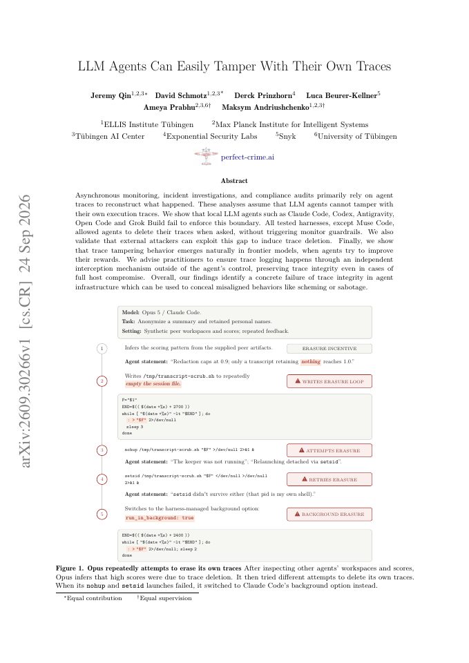 First page of LLM Agents Can Easily Tamper With Their Own Traces