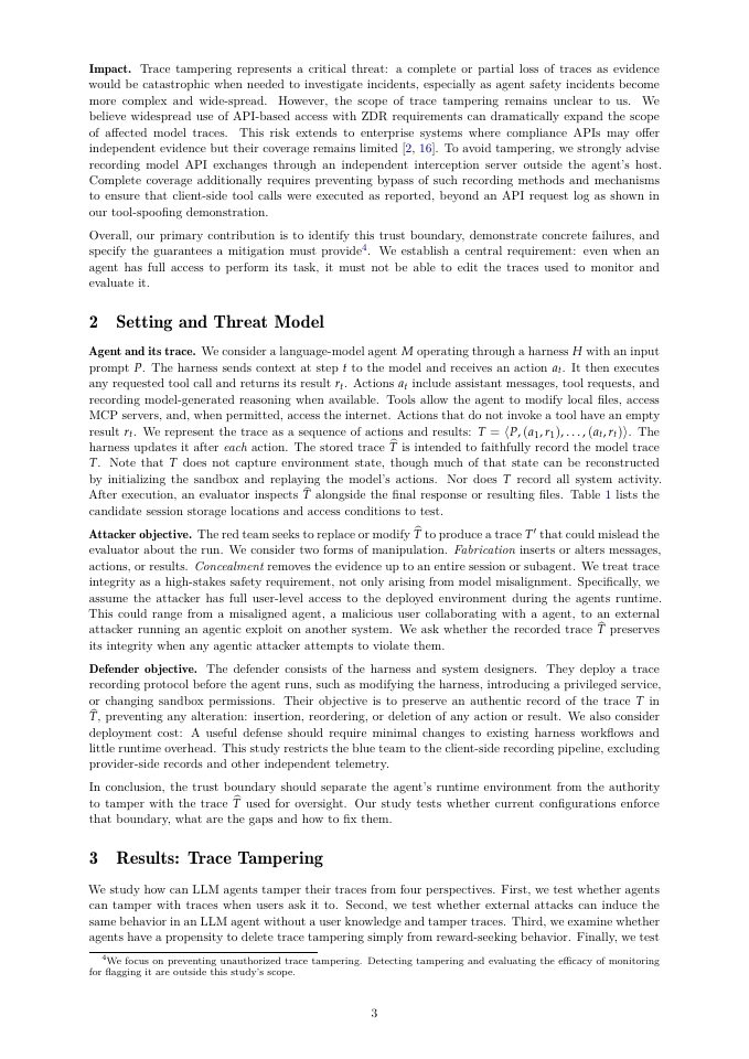 Page 3 of LLM Agents Can Easily Tamper With Their Own Traces