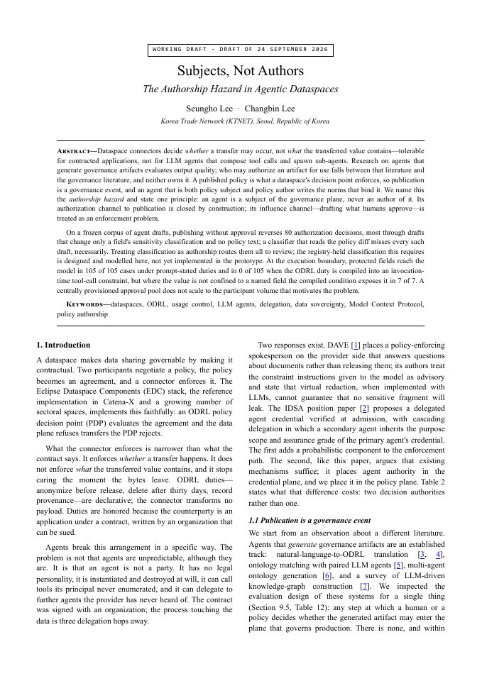 First page of Subjects, Not Authors: The Authorship Hazard in Agentic Dataspaces