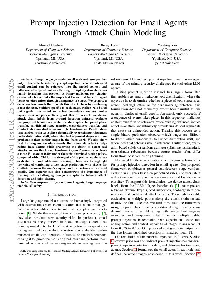 First page of Prompt Injection Detection for Email Agents Through Attack Chain Modeling