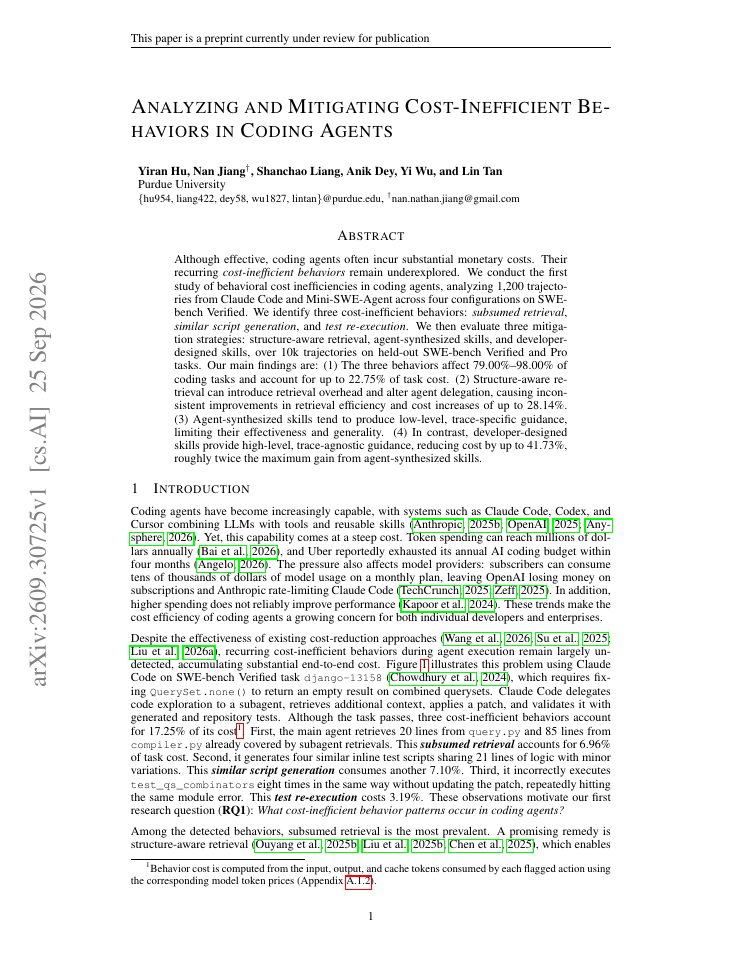 First page of Analyzing and Mitigating Cost-Inefficient Behaviors in Coding Agents