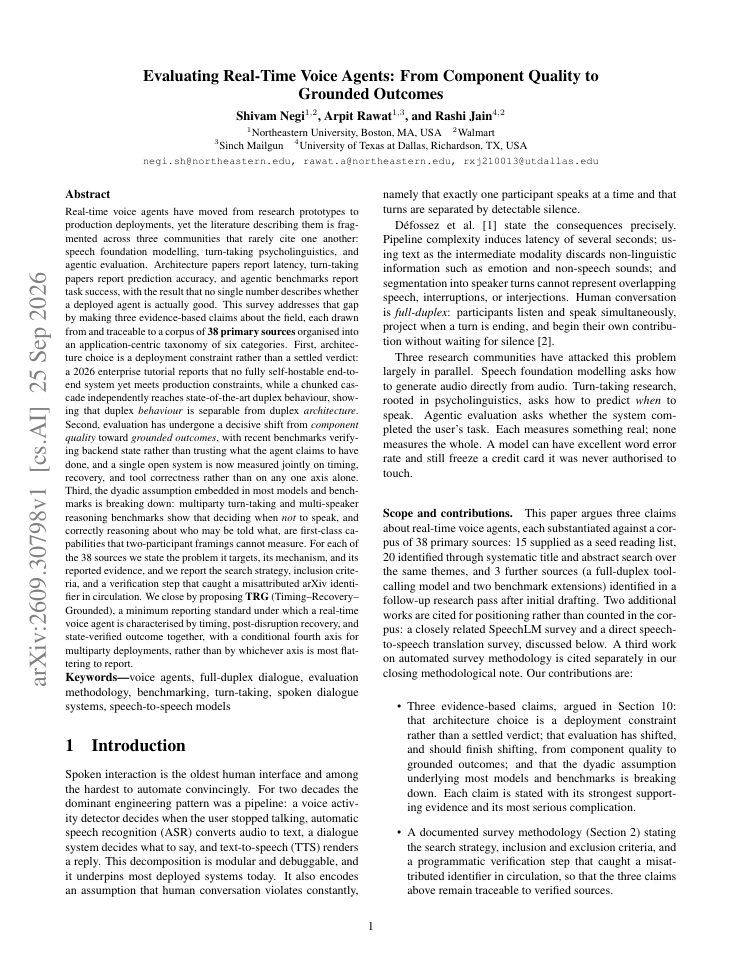 First page of Evaluating Real-Time Voice Agents: From Component Quality to Grounded Outcomes