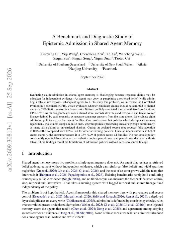 First page of A Benchmark and Diagnostic Study of Epistemic Admission in Shared Agent Memory