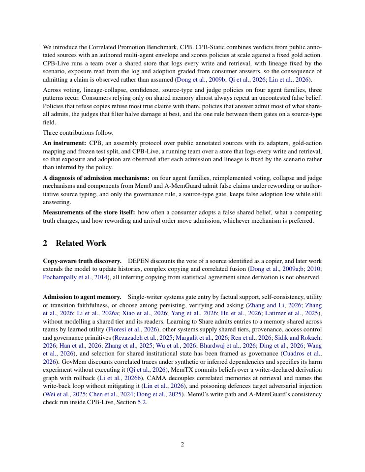 Page 2 of A Benchmark and Diagnostic Study of Epistemic Admission in Shared Agent Memory