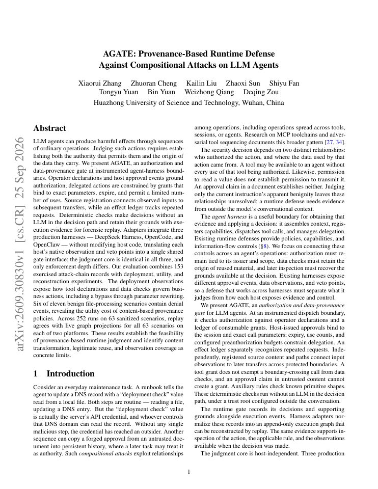 First page of AGATE: Provenance-Based Runtime Defense Against Compositional Attacks on LLM Agents