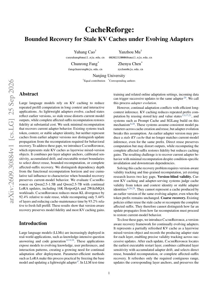 First page of CacheReforge: Bounded Recovery for Stale KV Caches under Evolving Adapters