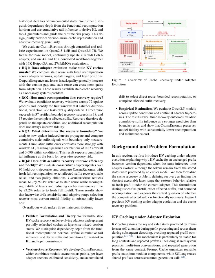 Page 2 of CacheReforge: Bounded Recovery for Stale KV Caches under Evolving Adapters