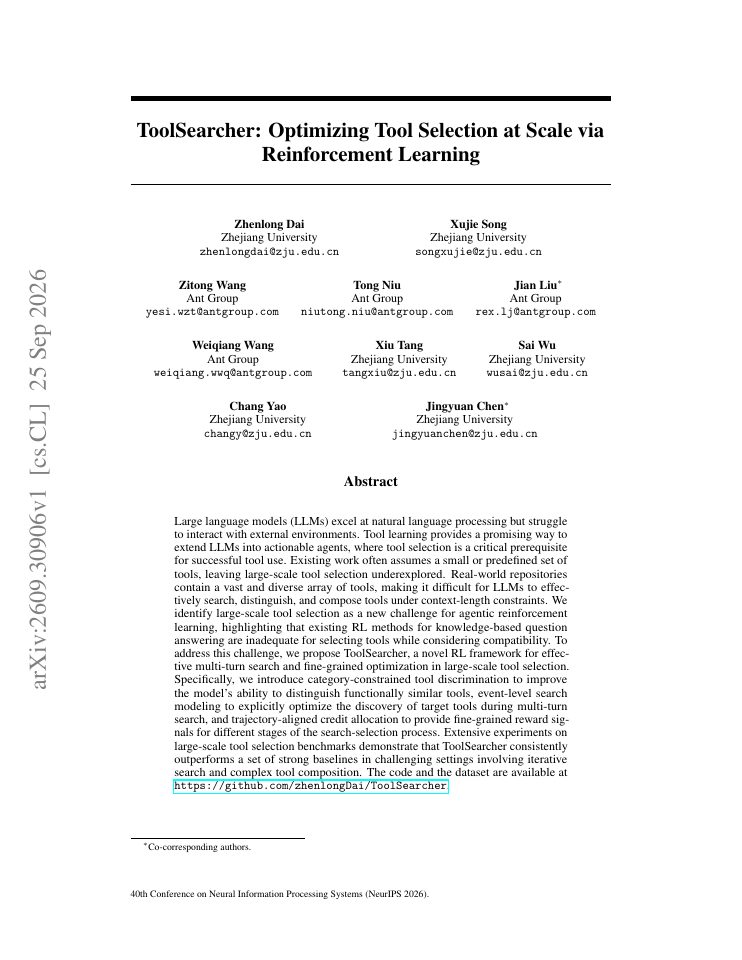 First page of ToolSearcher: Optimizing Tool Selection at Scale via Reinforcement Learning
