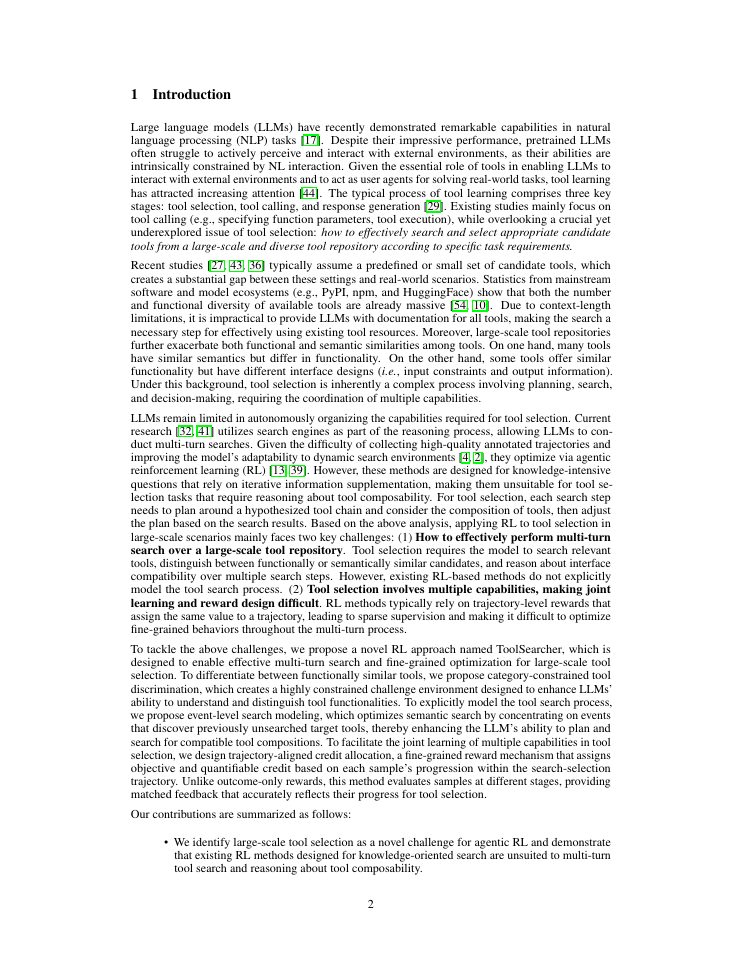 Page 2 of ToolSearcher: Optimizing Tool Selection at Scale via Reinforcement Learning
