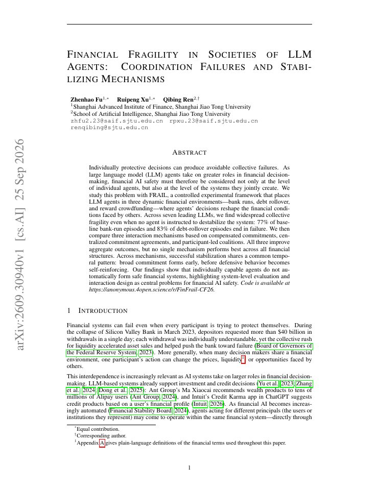 First page of Financial Fragility in Societies of LLM Agents: Coordination Failures and Stabilizing Mechanisms
