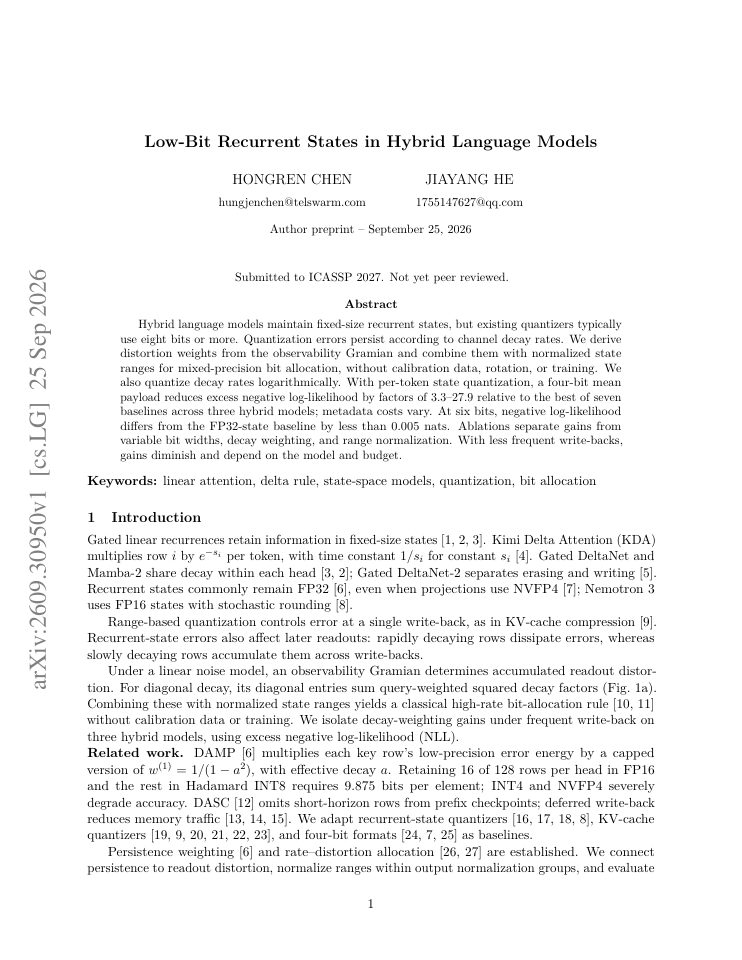 First page of Low-Bit Recurrent States in Hybrid Language Models
