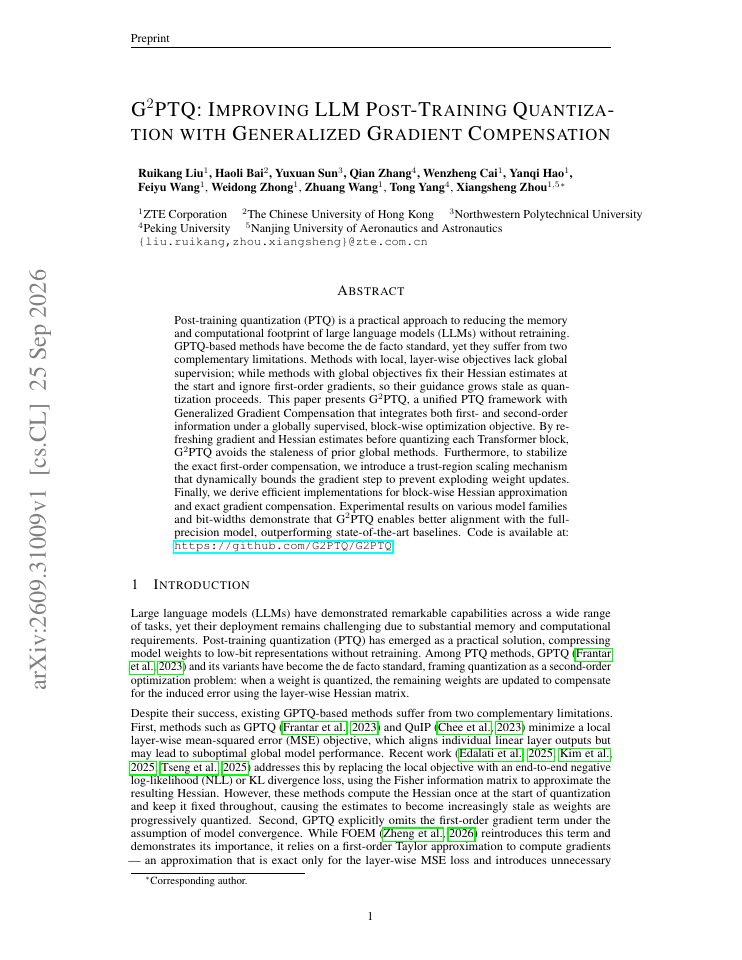 First page of G$^2$PTQ: Improving LLM Post-Training Quantization with Generalized Gradient Compensation