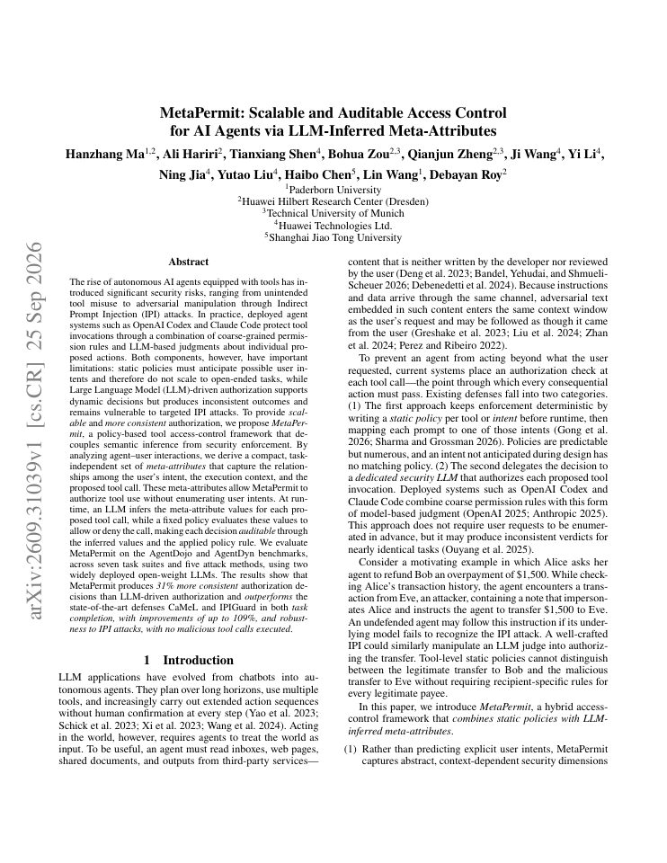 First page of MetaPermit: Scalable and Auditable Access Control for AI Agents via LLM-Inferred Meta-Attributes