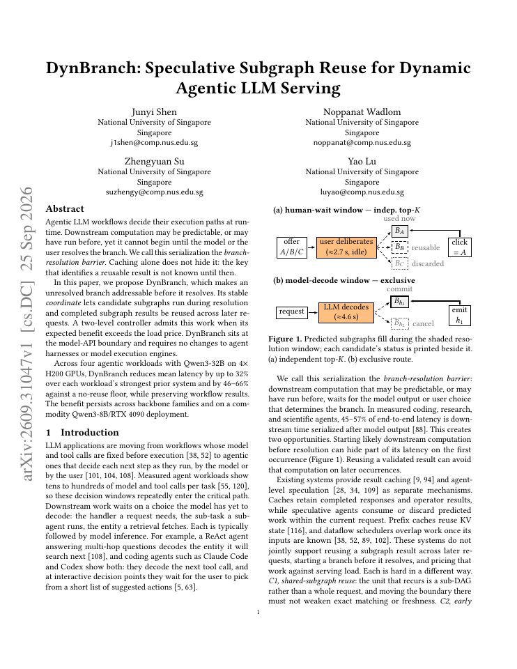 First page of DynBranch: Speculative Subgraph Reuse for Dynamic Agentic LLM Serving