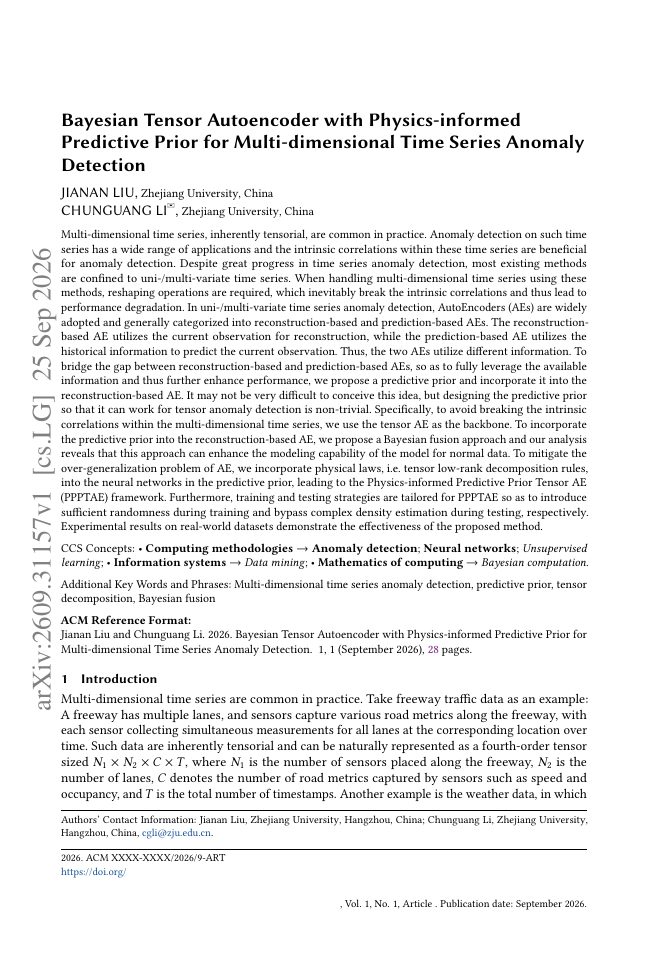 First page of Bayesian Tensor Autoencoder with Physics-informed Predictive Prior for Multi-dimensional Time Series Anomaly Detection