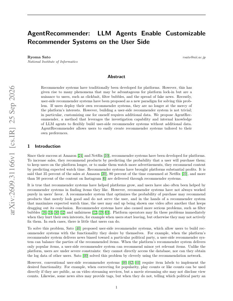 First page of AgentRecommender: LLM Agents Enable Customizable Recommender Systems on the User Side