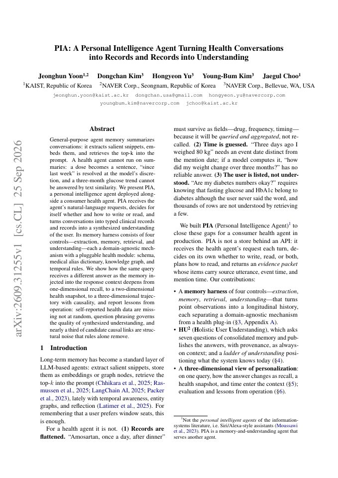 First page of PIA: A Personal Intelligence Agent Turning Health Conversations into Records and Records into Understanding