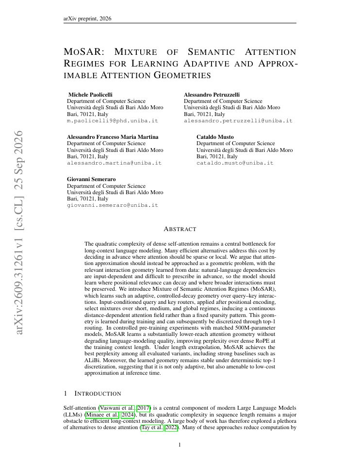 First page of MoSAR: Mixture of Semantic Attention Regimes for Learning Adaptive and Approximable Attention Geometries