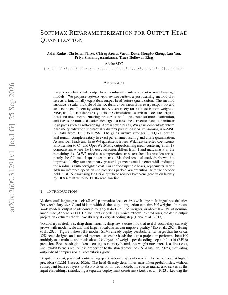 First page of Softmax Reparameterization for Output-Head Quantization