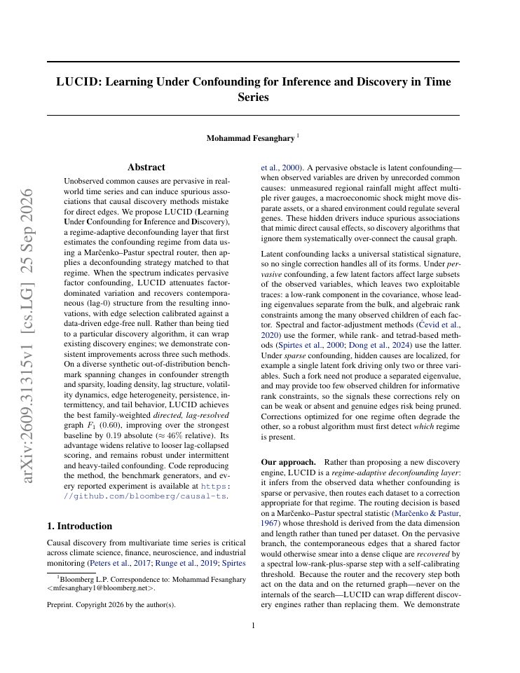 First page of LUCID: Learning Under Confounding for Inference and Discovery in Time Series
