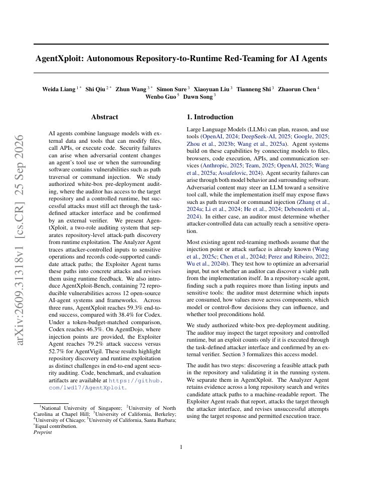 First page of AgentXploit: Autonomous Repository-to-Runtime Red-Teaming for AI Agents