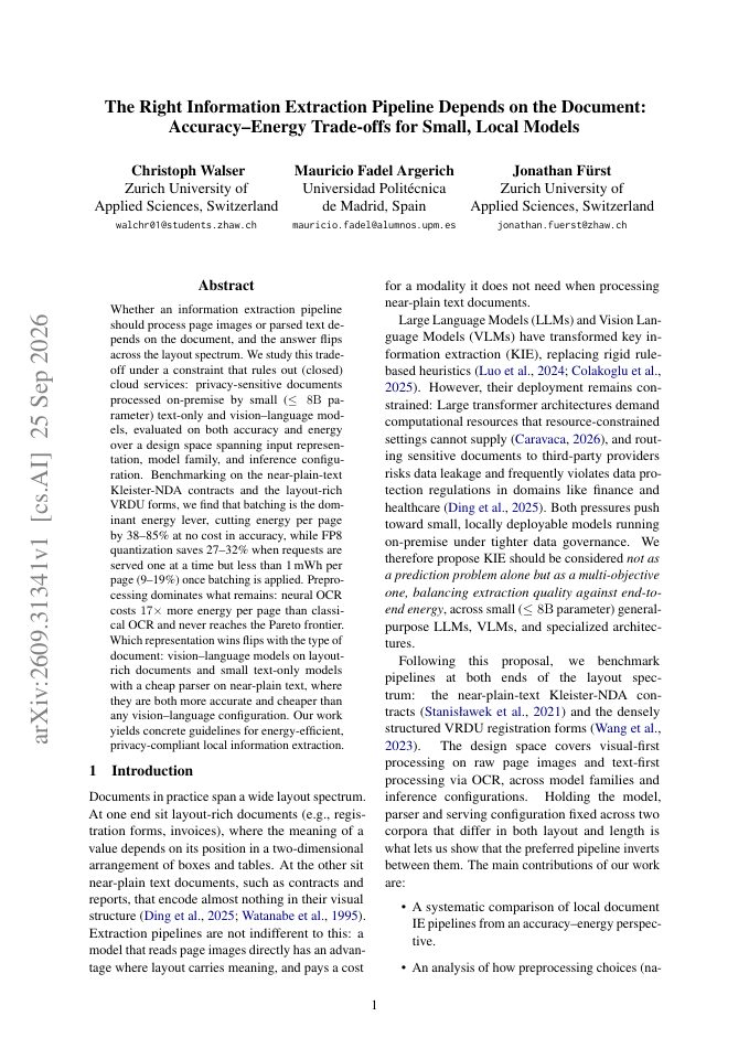 First page of The Right Information Extraction Pipeline Depends on the Document: Accuracy-Energy Trade-offs for Small, Local Models