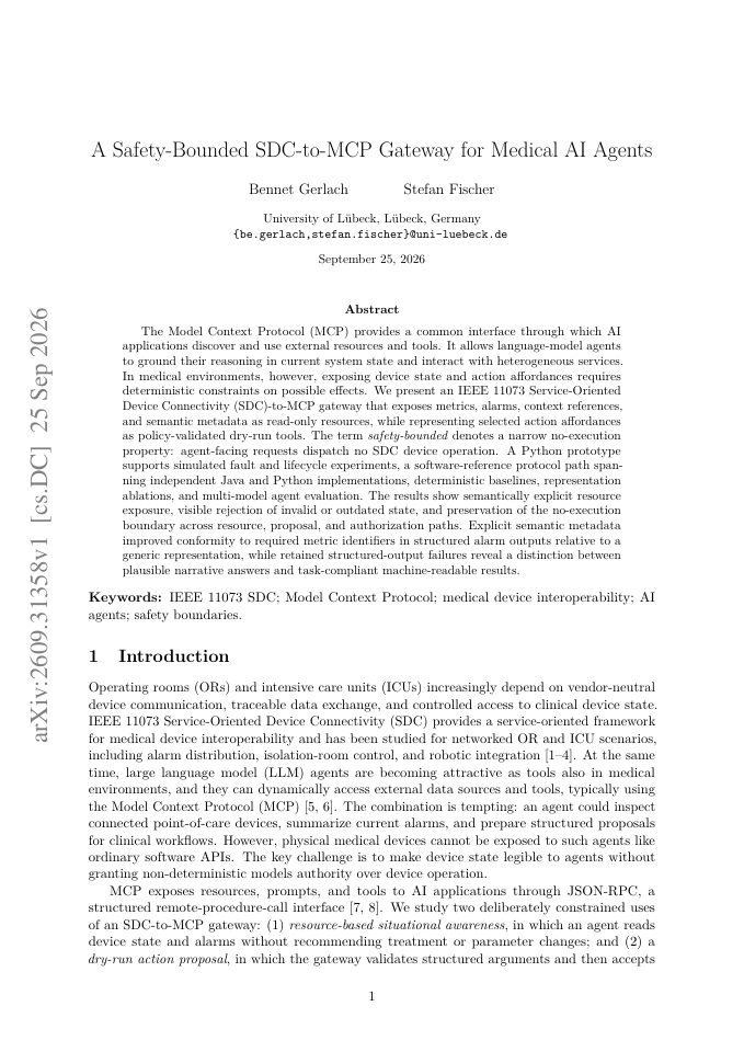 First page of A Safety-Bounded SDC-to-MCP Gateway for Medical AI Agents