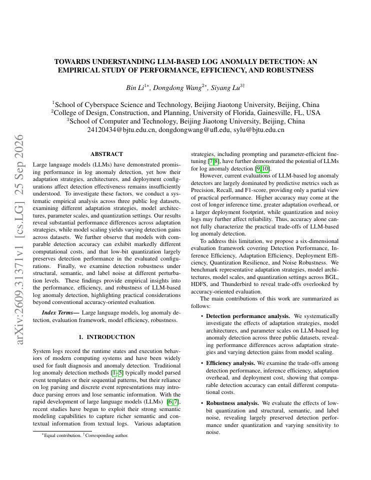 First page of Towards Understanding LLM-Based Log Anomaly Detection: An Empirical Study of Performance, Efficiency, and Robustness