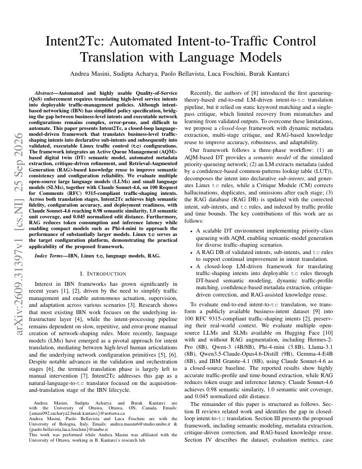 First page of Intent2Tc: Automated Intent-to-Traffic Control Translation with Language Models