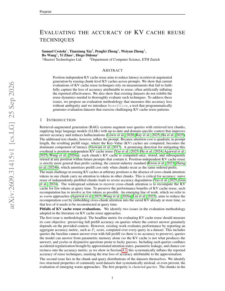First page of Evaluating the accuracy of KV cache reuse techniques