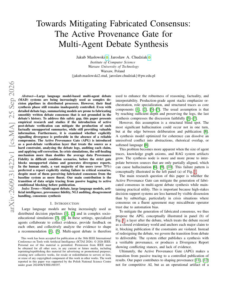 First page of Towards Mitigating Fabricated Consensus: The Active Provenance Gate for Multi-Agent Debate Synthesis