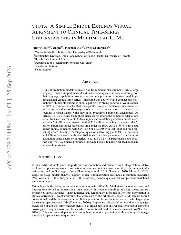 First page of ViSTA: A Simple Bridge Extends Visual Alignment to Clinical Time-Series Understanding in Multimodal LLMs