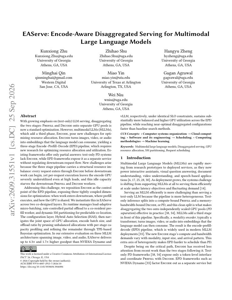 First page of EAServe: Encode-Aware Disaggregated Serving for Multimodal Large Language Models