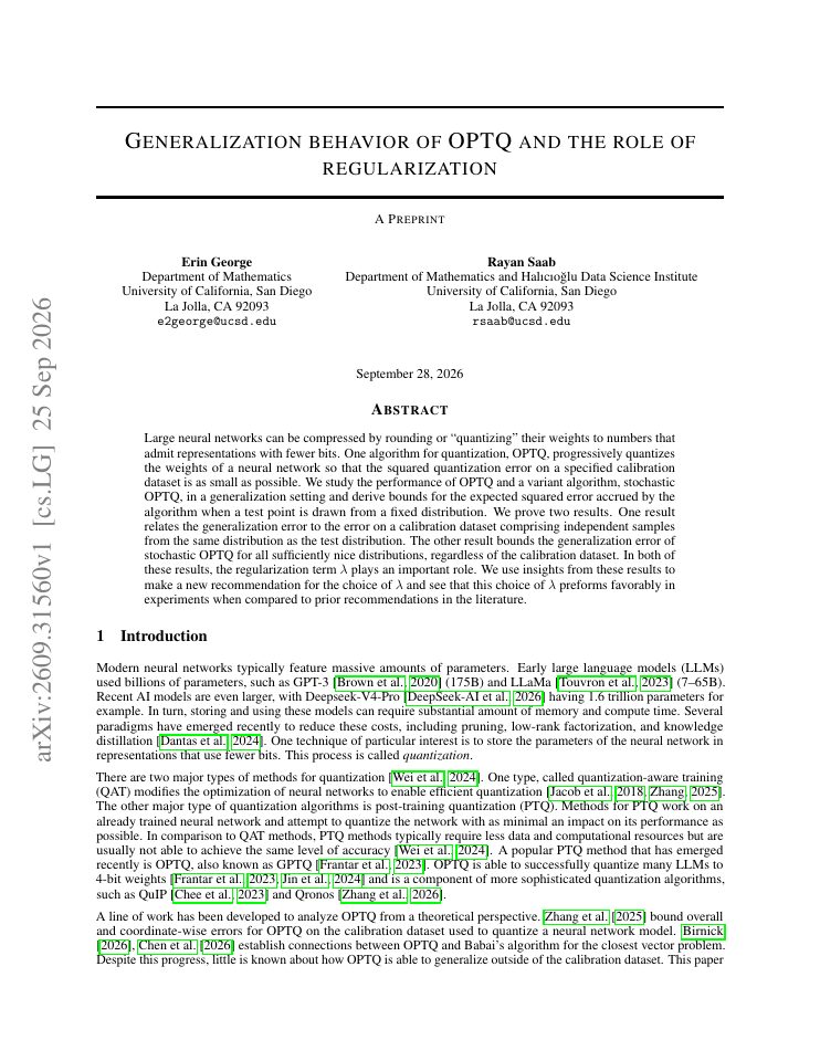 First page of Generalization behavior of OPTQ and the role of regularization