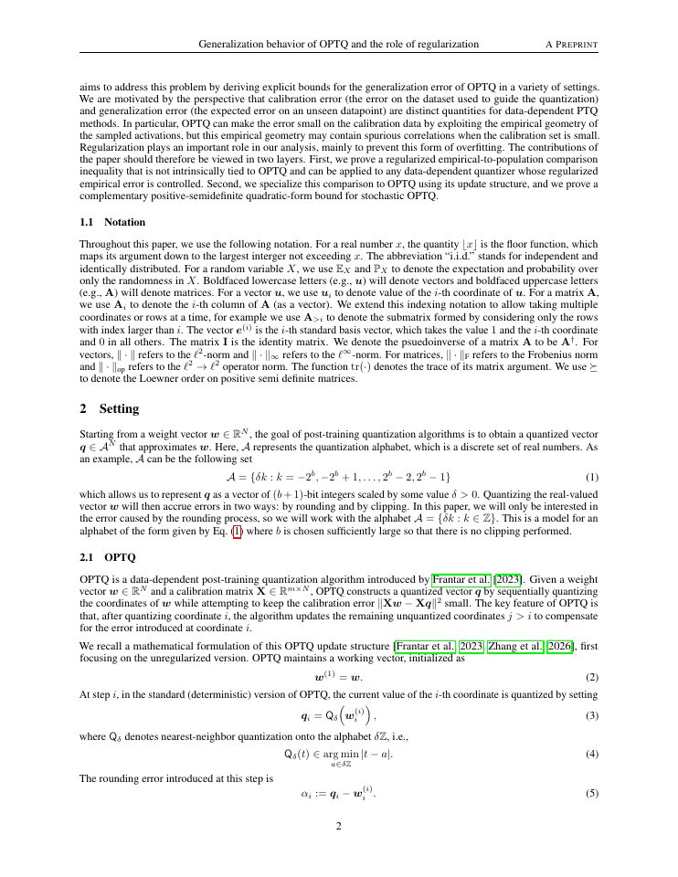 Page 2 of Generalization behavior of OPTQ and the role of regularization
