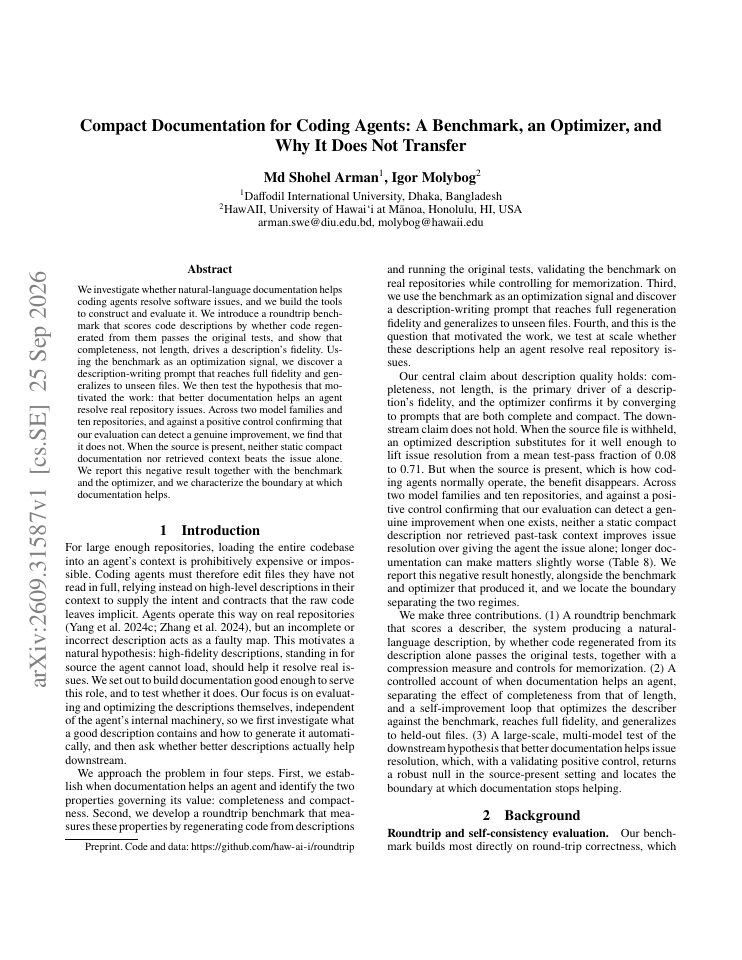 First page of Compact Documentation for Coding Agents: A Benchmark, an Optimizer, and Why It Does Not Transfer