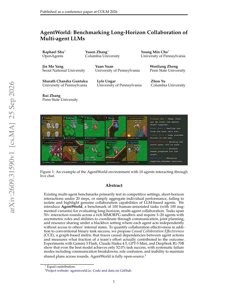 First page of AgentWorld: Benchmarking Long-Horizon Collaboration of Multi-agent LLMs