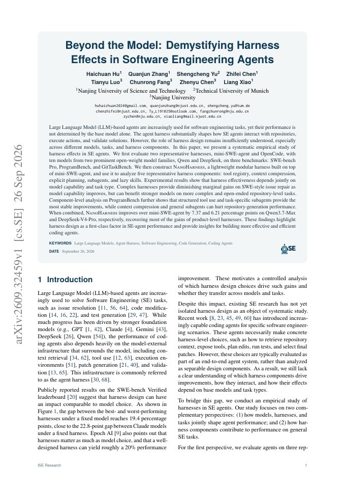 First page of Beyond the Model: Demystifying Harness Effects in Software Engineering Agents