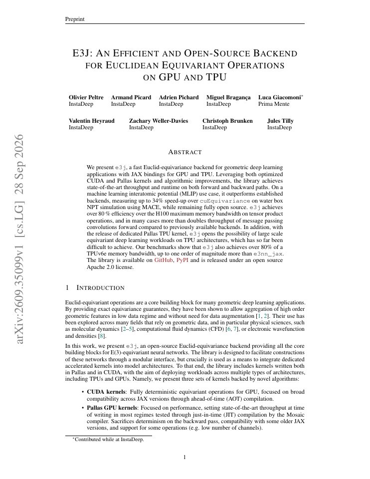 First page of E3J: An Efficient and Open-Source Backend for Euclidean Equivariant Operations on GPU and TPU