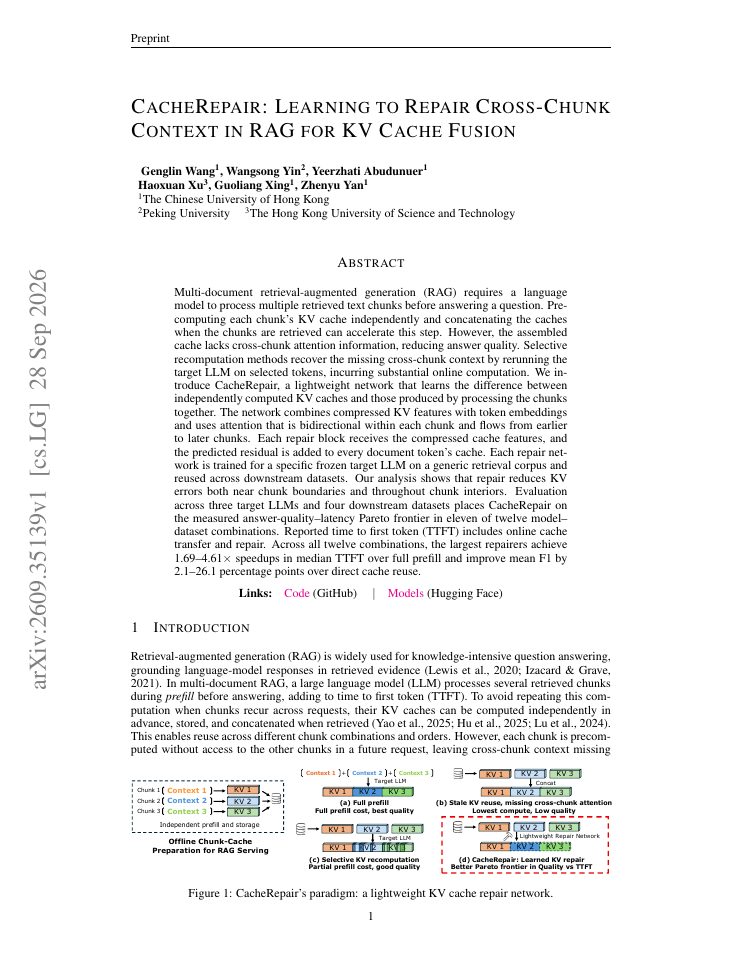 First page of CacheRepair: Learning to Repair Cross-Chunk Context in RAG for KV Cache Fusion