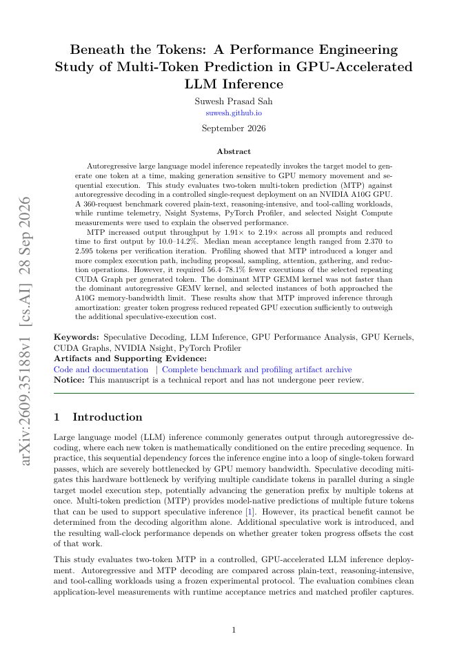 First page of Beneath the Tokens: A Performance Engineering Study of Multi-Token Prediction in GPU-Accelerated LLM Inference