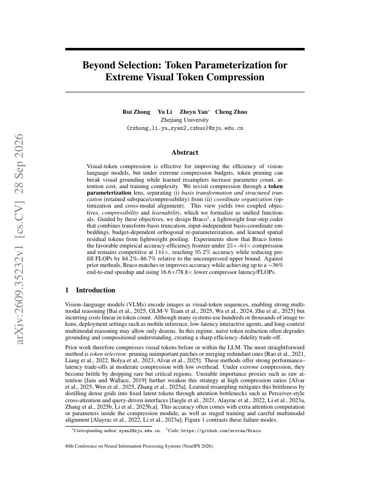 First page of Beyond Selection: Token Parameterization for Extreme Visual Token Compression