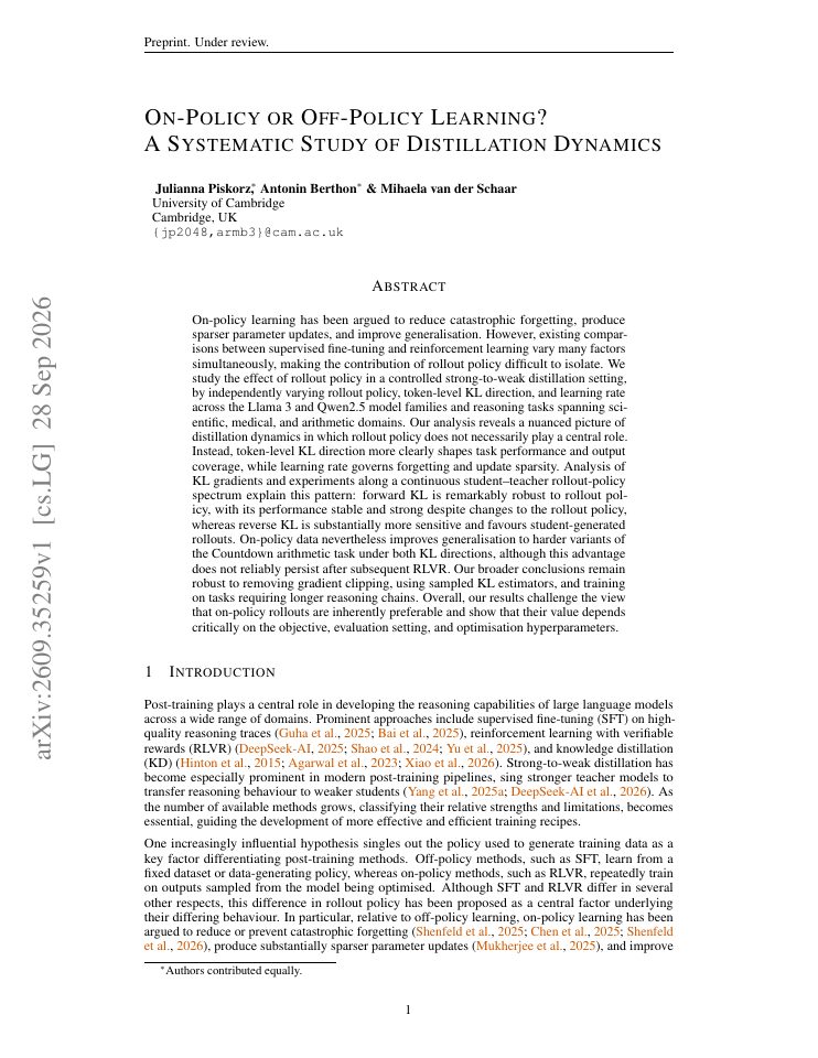 First page of On-Policy or Off-Policy Learning? A Systematic Study of Distillation Dynamics