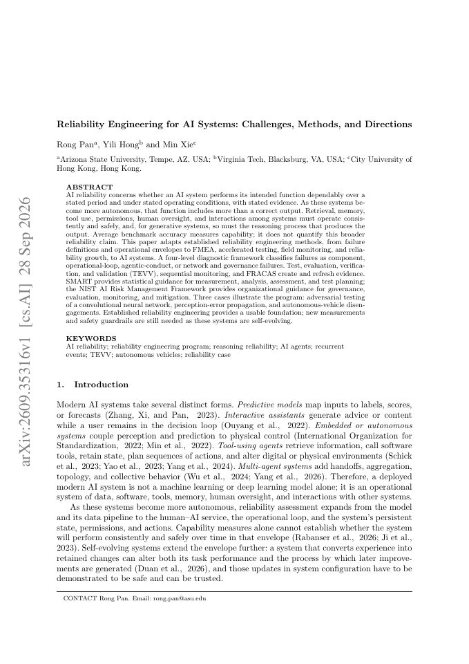 First page of Reliability Engineering for AI Systems: Challenges, Methods, and Directions