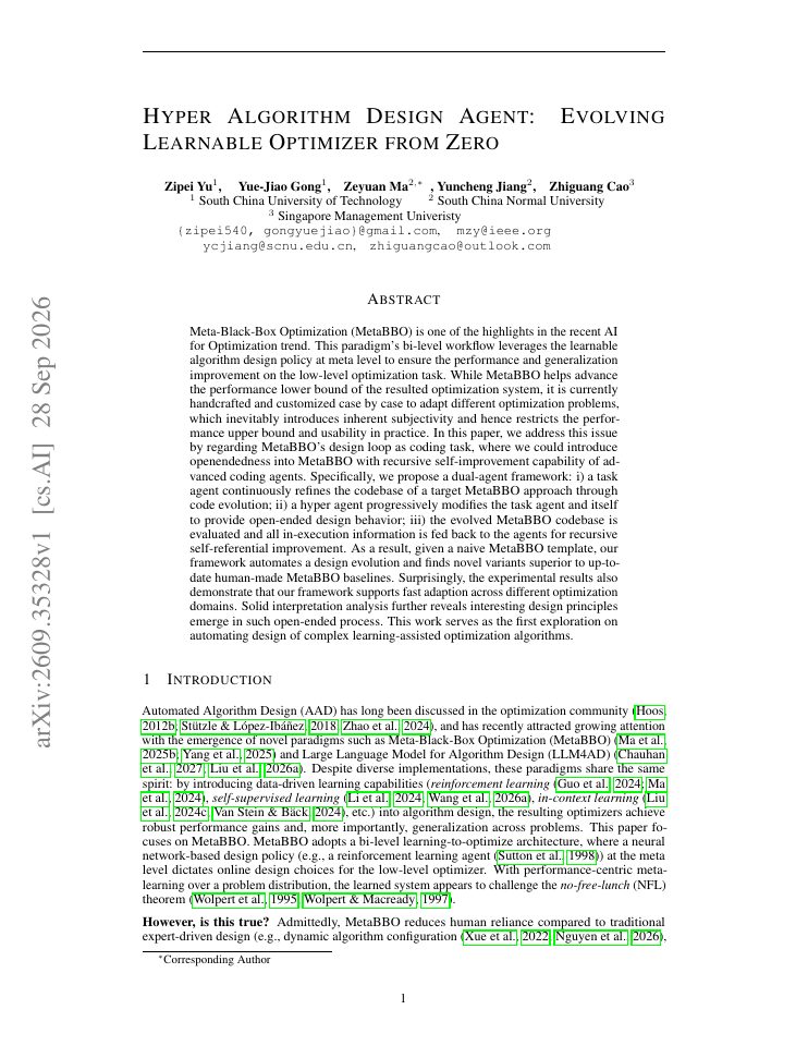 First page of Hyper Algorithm Design Agent: Evolving Learnable Optimizer from Zero