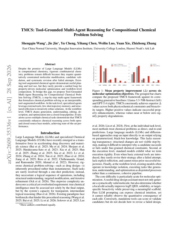 First page of TMCS: Tool-Grounded Multi-Agent Reasoning for Compositional Chemical Problem Solving