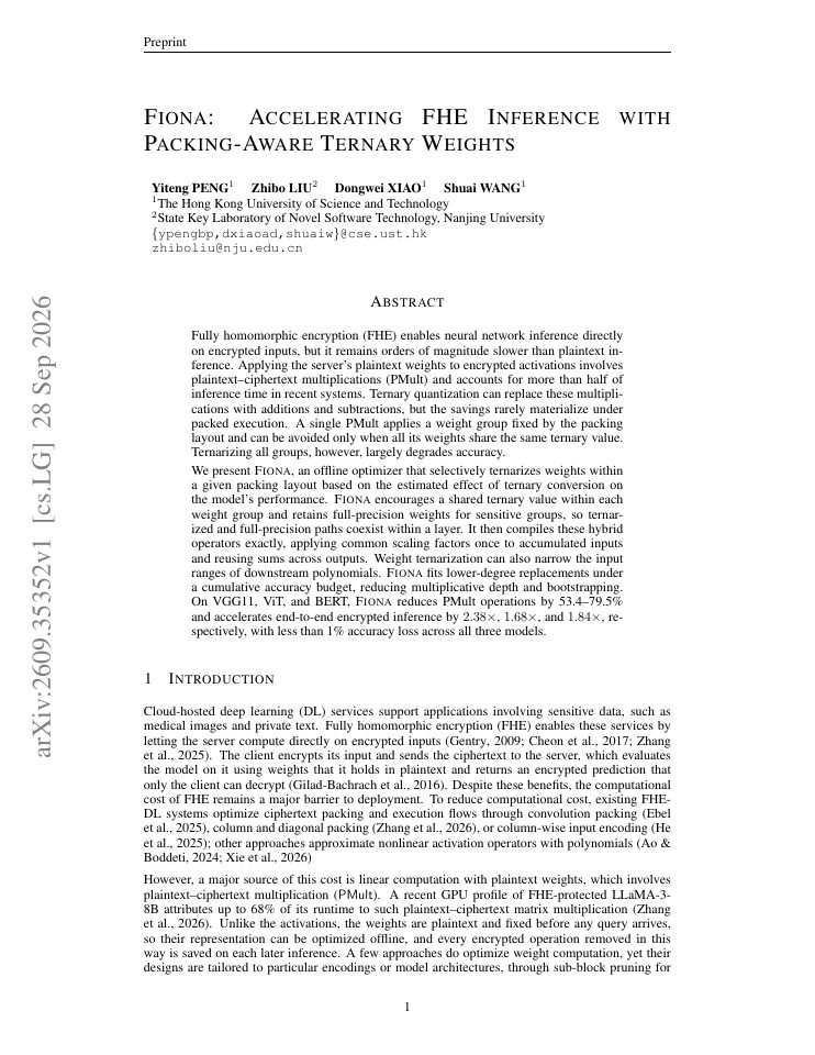 First page of Fiona: Accelerating FHE Inference with Packing-Aware Ternary Weights